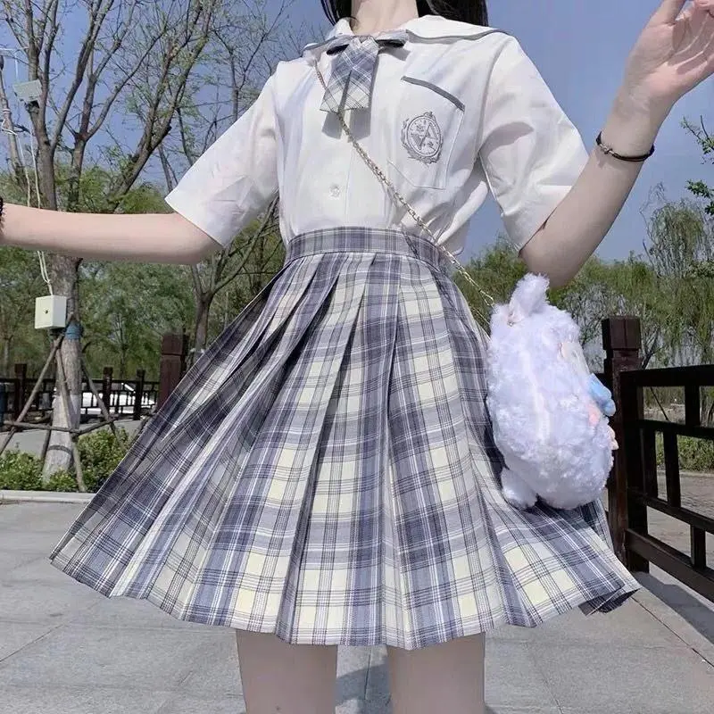 Japanese JK School Uniform Short Sleeve Blouse Plaid Skirt Bow Tie 3 Pieces Costume Multiple Colors Party Daily Wear