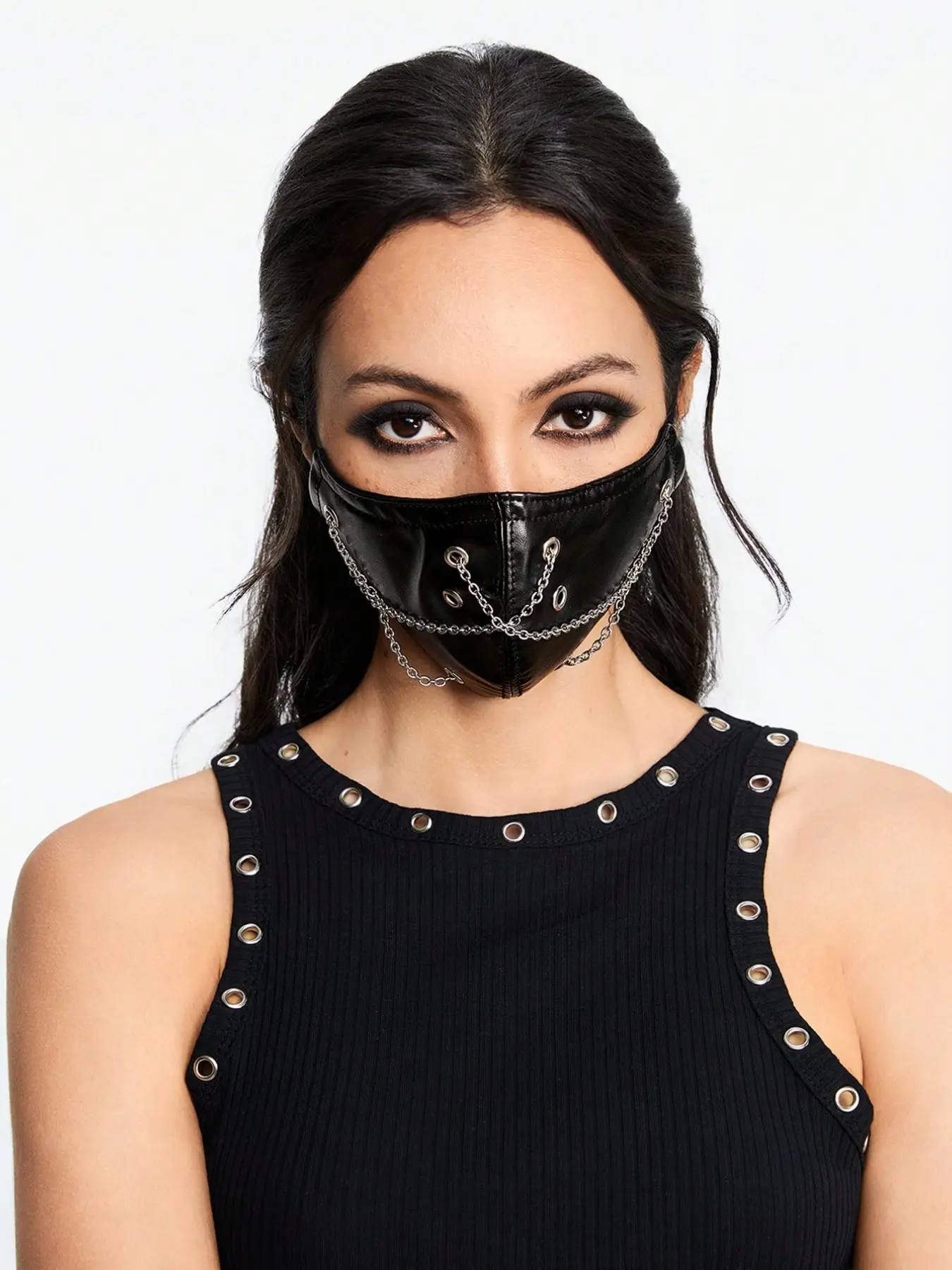Dark Punk Style Leather Chain Decorative Mask