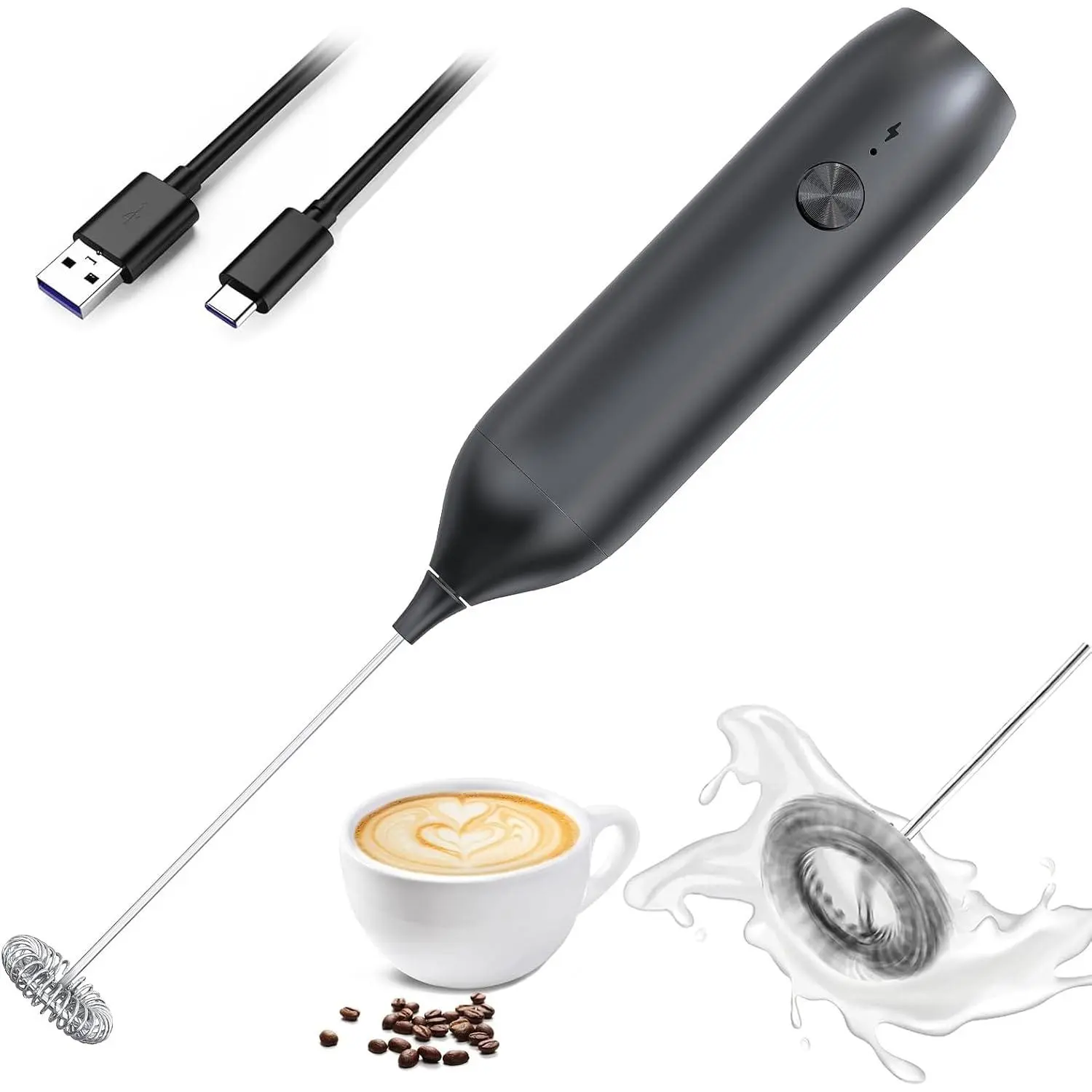 Handheld High-Speed Stainless Steel Rechargeable Milk Foamer Wand - Lightweight Electric Whisk with USB-C, Easy-Cleaning Kitchen Accessory for Lattes, Coffee & Tea, Flat Top