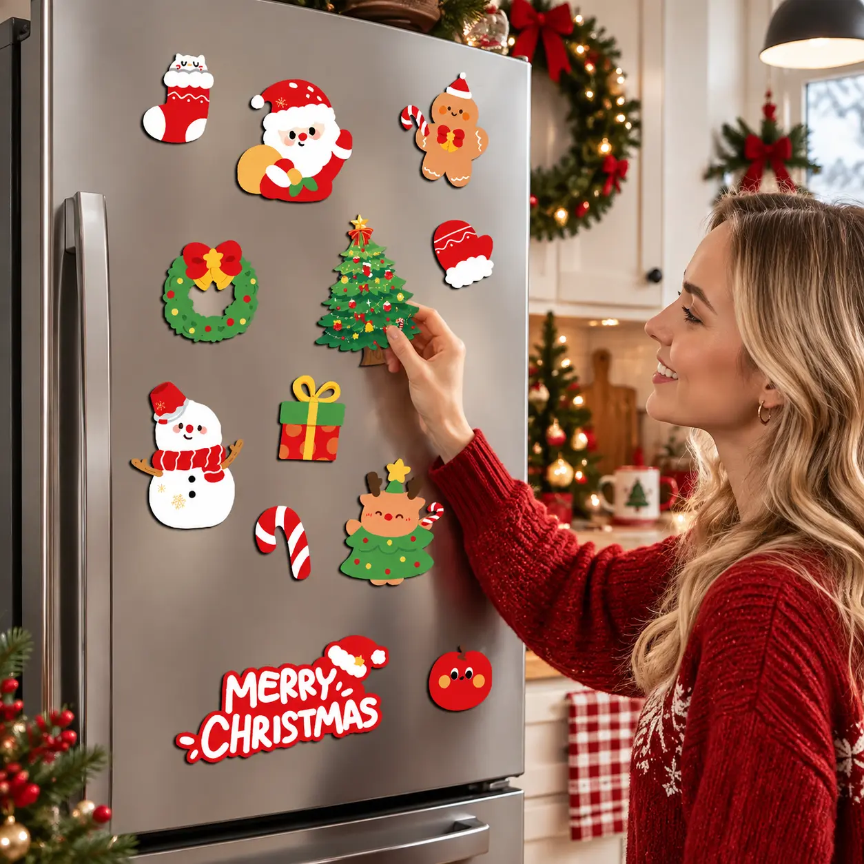 12PCS Christmas Fridge Magnets Set, Cute Cartoon Holiday Magnetic Stickers, Reusable Strong Magnetic Kitchen Decor Gifts, Christmas Decorations for Refrigerator, Office, Classroom & Home