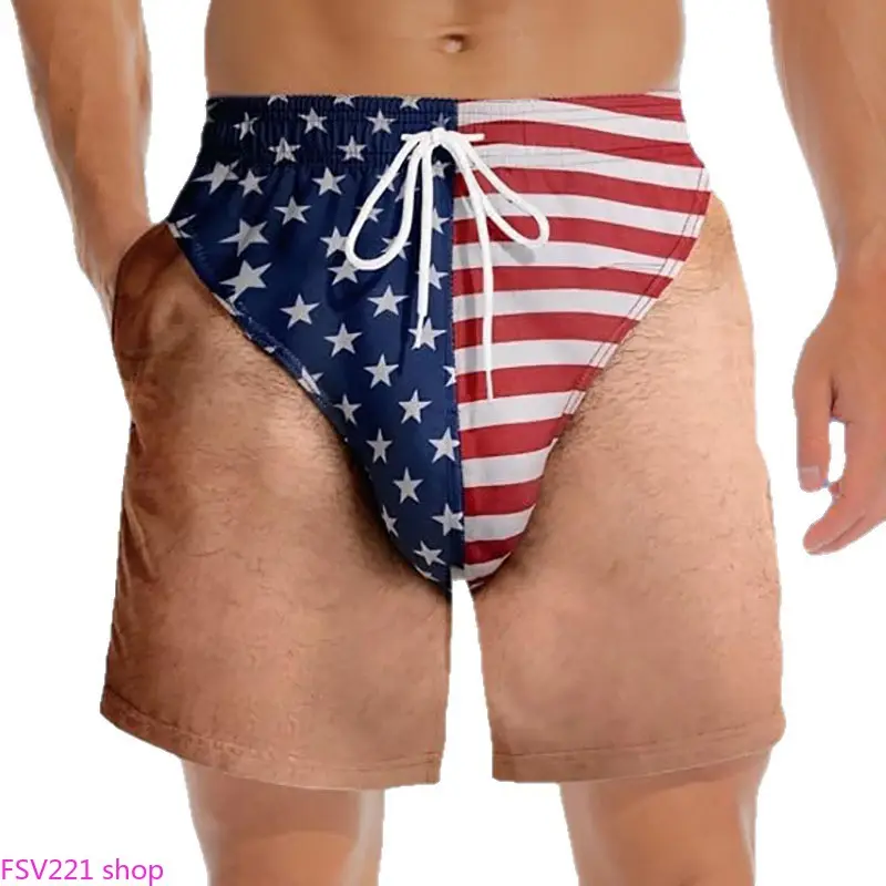 Men's Fun American Flag Print Swim Trunks – "Freedom & Chill" Quick-Dry High-Cut Swimwear; Patriotic Style, Perfect for Novelty Fun, Independence Day, Beach Days, Pool Parties, and Summer Gatherings. sohochic