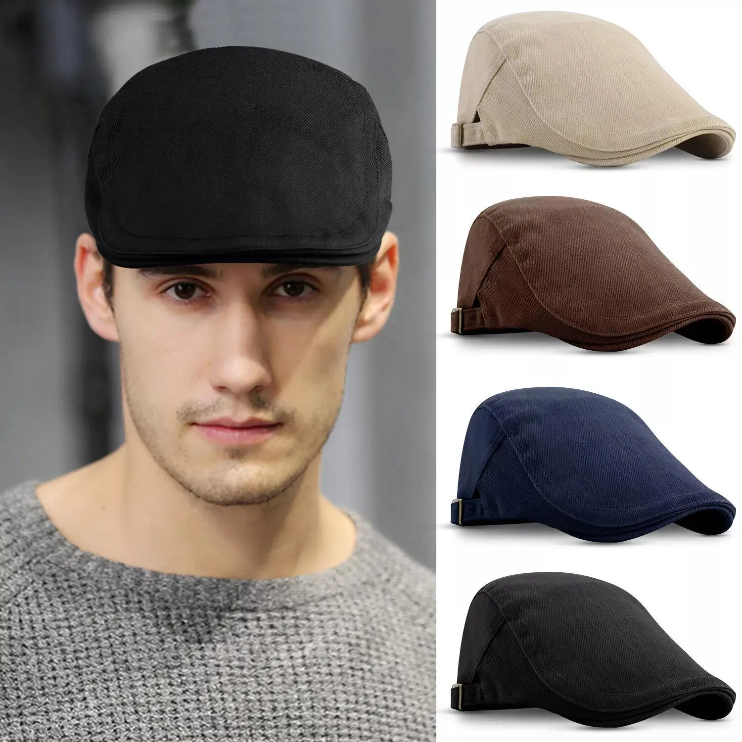 Men's Cotton Newsboy Hat, Vintage Ivy Style Flat Cap with a Classic Shape, Adjustable Male Hat for Driving & Golf, Beret Flat Top, Mens Hats, Every Day