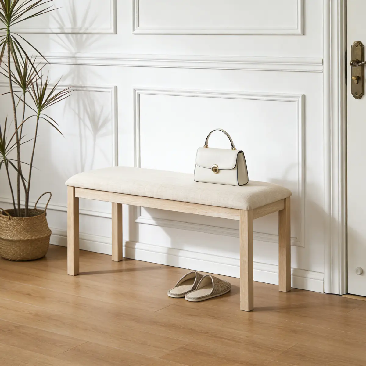38-inch Upholstered Dining Bench, Padded Bedside Bench and Solid Wood Leg Hallway Bench, Suitable for Kitchen, Living Room and Bedroom (Light Oak & Beige, 1)