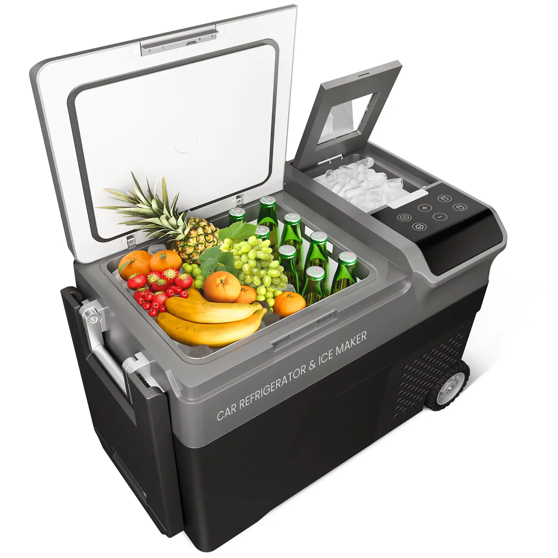 GARVEE 40QT 12V Car Refrigerator Freezer with Ice Maker - Portable Cooler, Dual-Use Power AC/DC, -4℉ to 68℉, Wheels, Tabletop Size, Fast Cooling, Battery Protection, LED Light - Ideal for Outdoor Trips, Camping, Truck