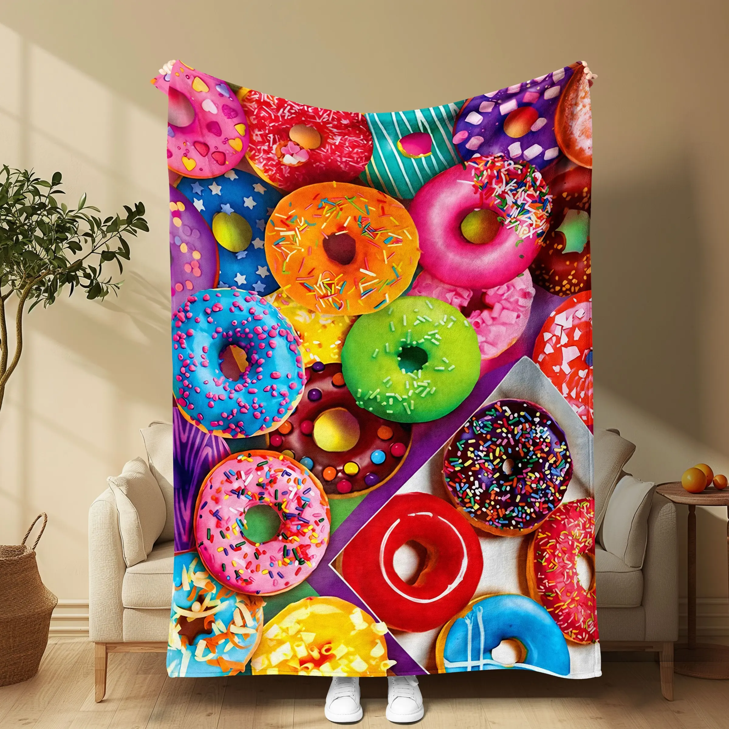 Donut Pattern Plush Blanket, Soft Comfortable for All Seasons, Sofa Bed Office Outdoor Camping Travel Home Blanket, Holiday Birthday Gift