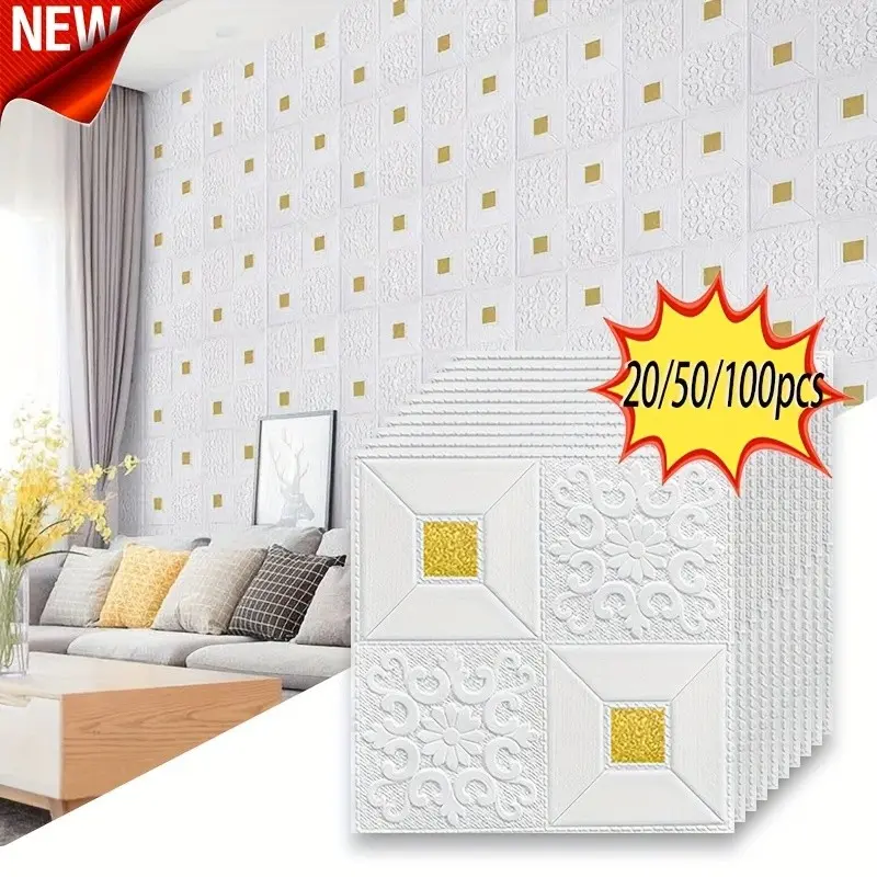 20/50/100 Sheets 3mm Thick Self-Adhesive Xpe Wallpaper, Bedroom Decor, Anti-Collision Foam, 3D Wall Stickers, Living Room Ceiling, Soft Pack Ceiling