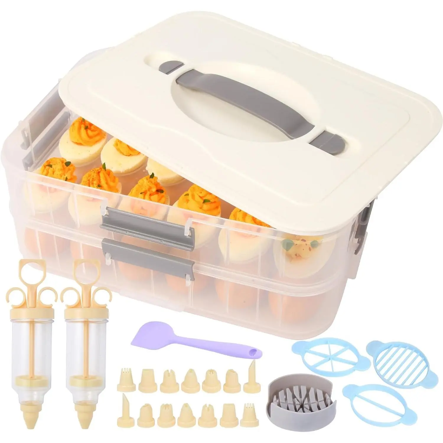2-Layer Deviled Egg Containers With Lid,36pcs Easter Deviled Egg Tray Carrier with Handl Injector Piping Tool,Portable Stackable Egg Holder Platter Holder Organizer for Refrigerator Party Picnic Event