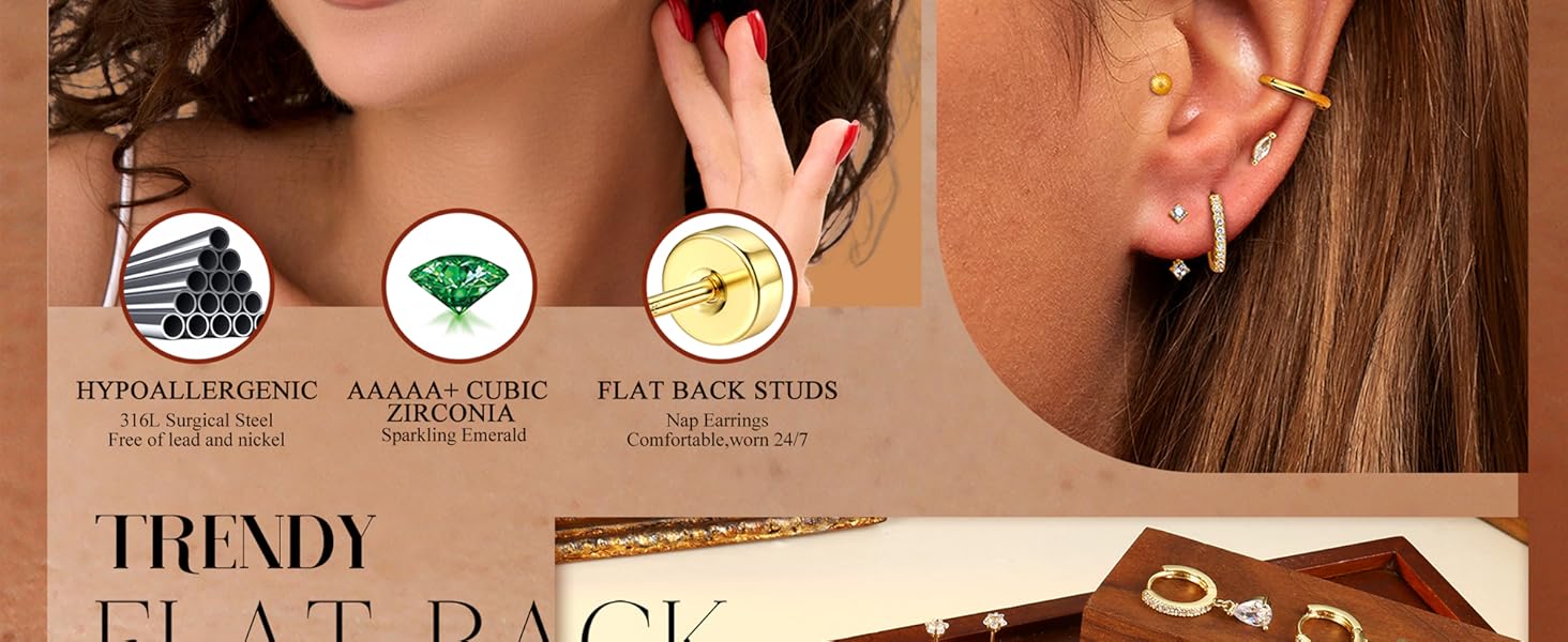 Fashionable  Hypoallergenic Flat Back Earrings Gold Earrings Stacks Set Surgical Stainless Steel Cartilage Earring for Women Dainty Flatback Stud Small Hoop Earring Sets for Multiple Piercing