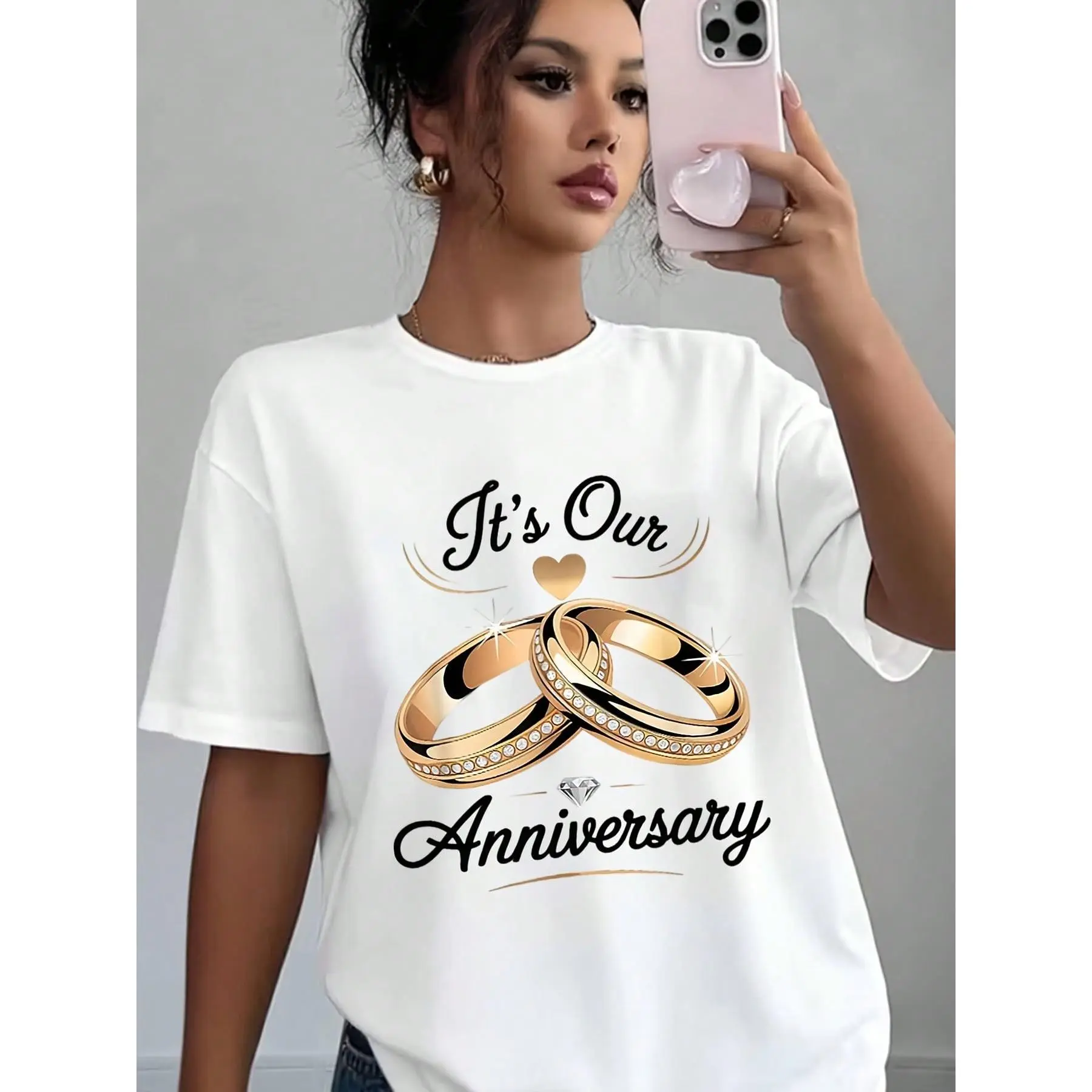 It's Our Anniversary Wedding Rings Heart Print Women Casual T-Shirt Soft Comfortable Gift For Anniversary Valentine Day Birthday Celebration