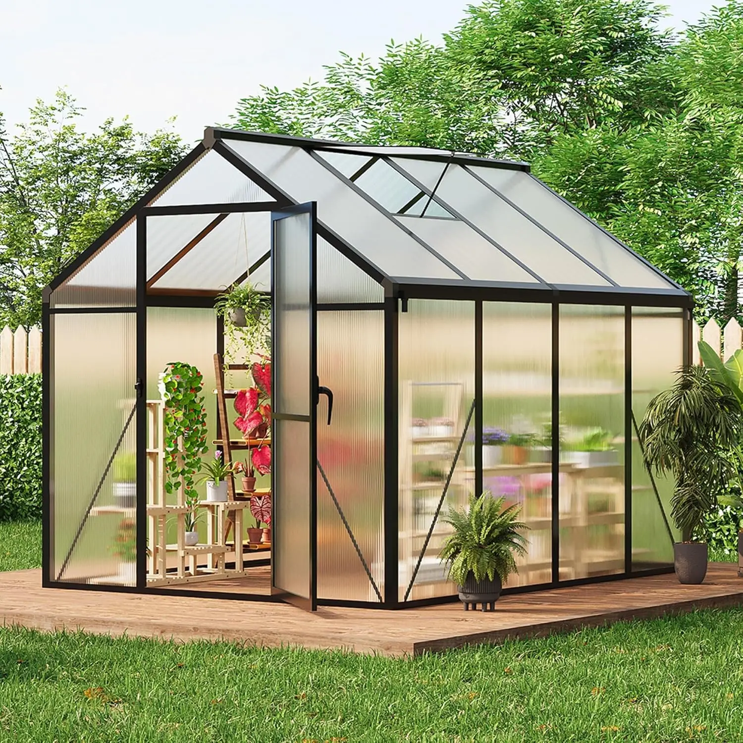 6x10 FT Greenhouse for Outdoors, Polycarbonate Greenhouse with Roof Vent, Ground Nails, Lockable Hinged Door, Aluminum Large Walk-in Green House for Outside Garden Backyard, Patio, Lawn, Black