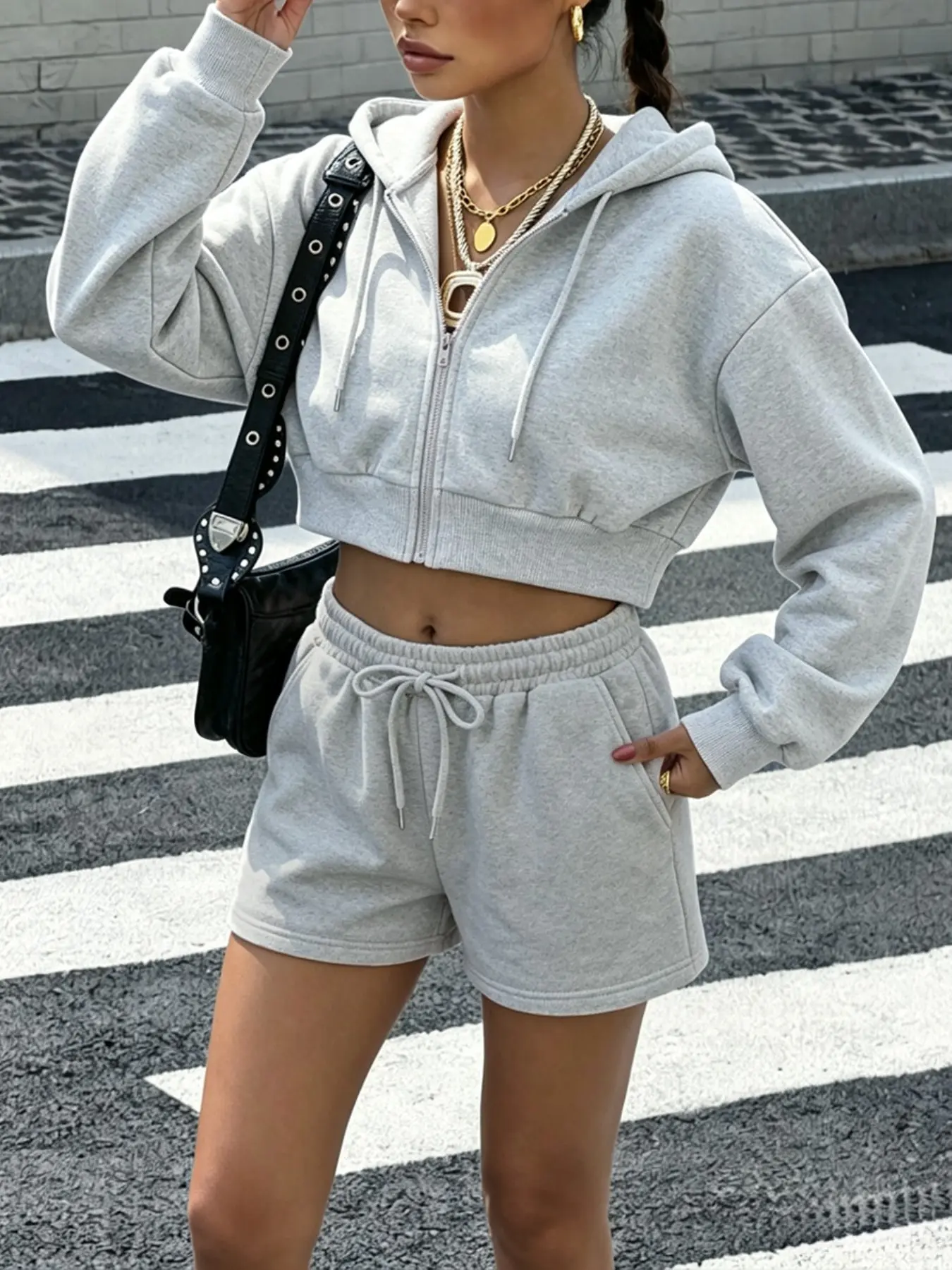 Women 2 Pieces Fleece Lined Cropped Zip Up Hoodie Drawstring Elastic Waist Shorts Tracksuit, Loose Long Sleeve Hooded Sweatshirt Set, Casual Street Matching Outfit For Workout Jogging Dating Daily Home Wear, Women’s Fashion Hoodies