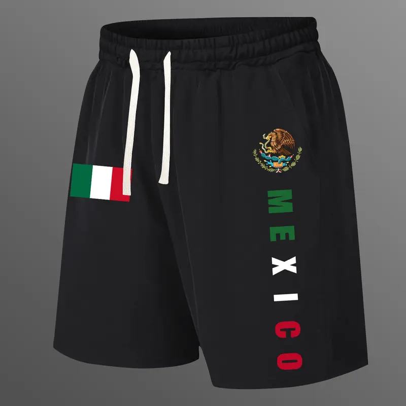 Men’s summer regular-fit cotton shorts featuring a Mexican-themed print. Fashionable casual menswear with pockets, an elastic waistband with drawstring, suitable for running, golf, fishing, basketball, camping, gym, swimming, and the beach