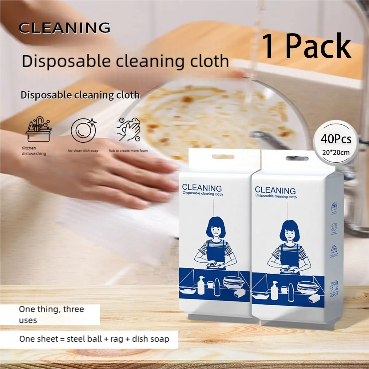 Disposable Dishwashing Cloths, 40 Count Self Foaming Kitchen Cleaning Wipes with Built In Cleaner, Dual Sided Degreasing Scrub Cloth for Dishes, Pots, Pans, Sink and Stovetop, Nonwoven Dish Rags for Home, Travel, Picnic and Lunch Box Cleanup