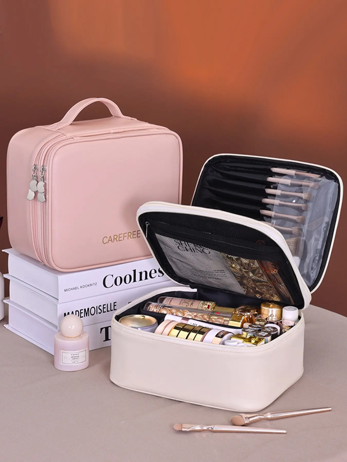 1pc Ladies' large capacity makeup case with double-layer partition design, suitable for travel, daily makeup and beauty tool storage, practical and versatile