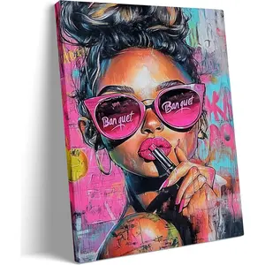 Black Girl Canvas Wall Art Pink African Woman Painting Picture Wall Decor Fashion Graffiti Dopamine Cool Female Poster Print Artwork for Girls Bedroom Dormitory Apartment Home Decoration