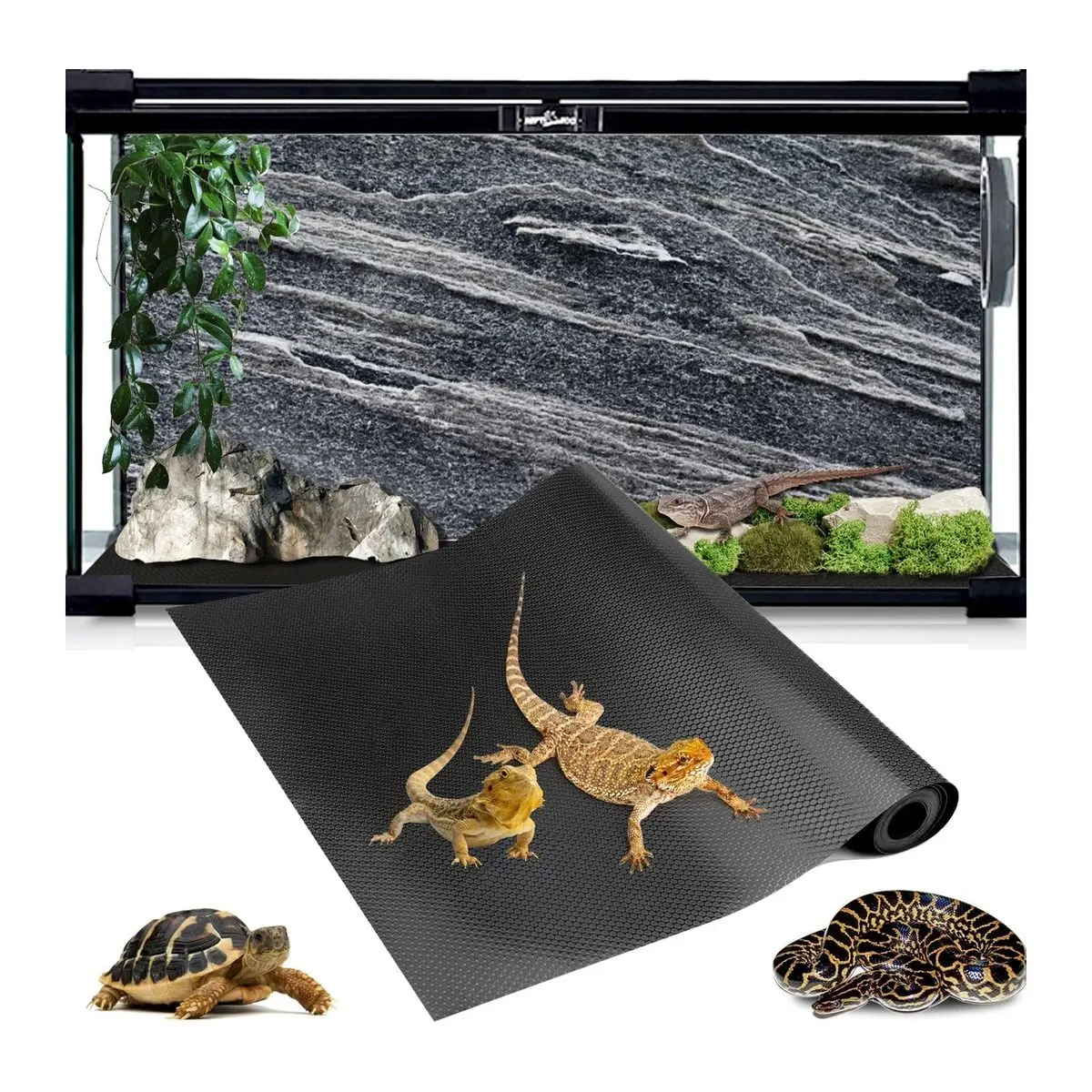 120 Gallon Reptile Terrarium Mat, Bearded Dragon Liner for 4X2X2 Enclosure, 24 X 144 Inch, Reptile Flooring Substrate Carpet Bedding for Leopard Gecko, Lizard, Black