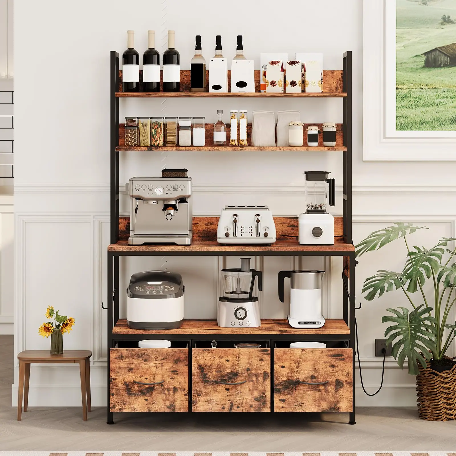 Garvee 5-Tier Kitchen Baker’s Rack with Charging Station – Freestanding Industrial Microwave Stand – Drawers, Storage Cabinet & Hooks – Large Utility Coffee Bar Shelf with USB Ports – Vintage Brown, Kitchen Storage Organizer, Coffee Station Furniture