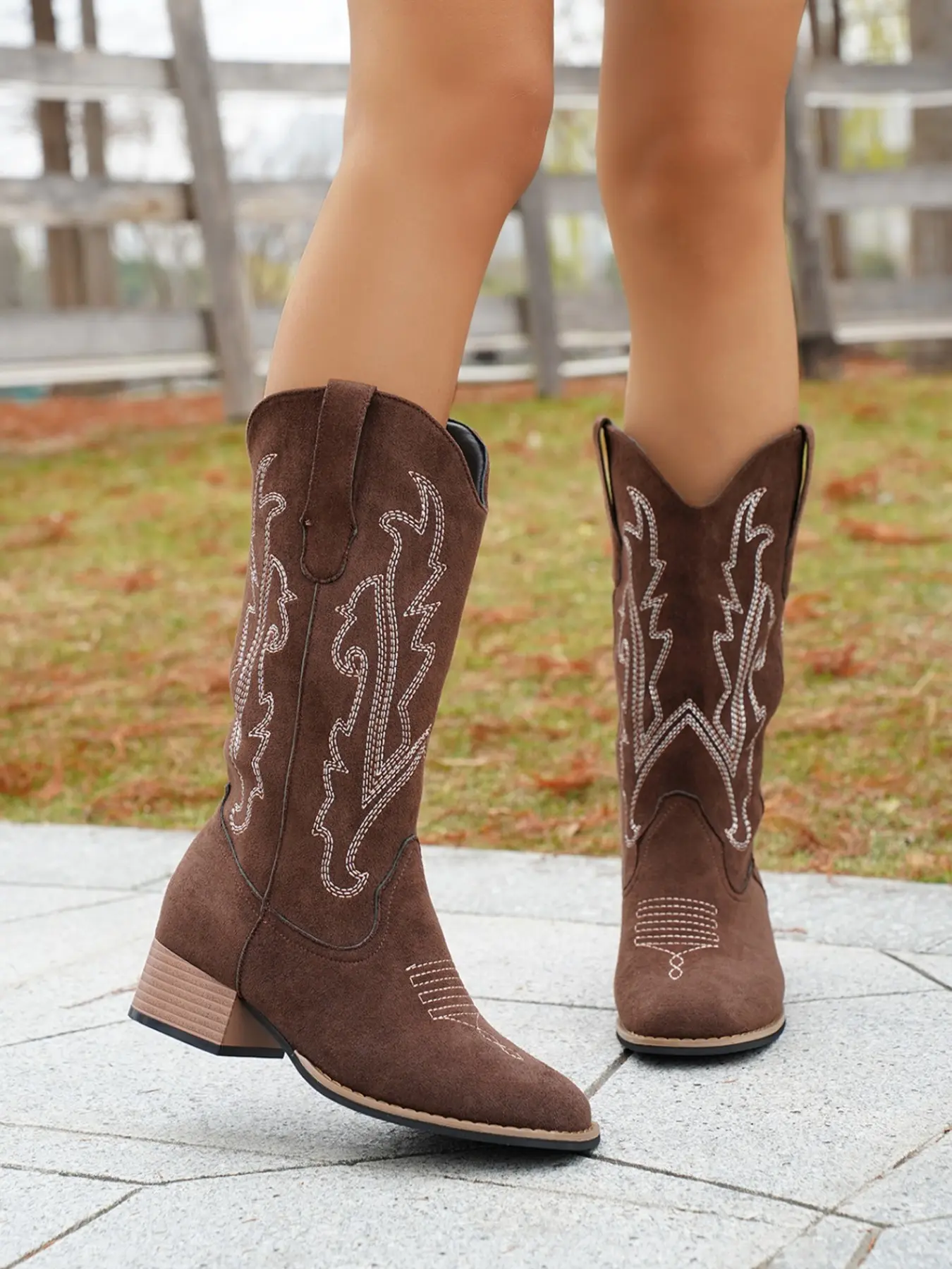 New Classic Western Style Mid-Calf Boots, Thick Heel Anti-Slip Sole, Plain Pattern, Formal Shoes for Fall & Winter, Perfect with Long Skirts