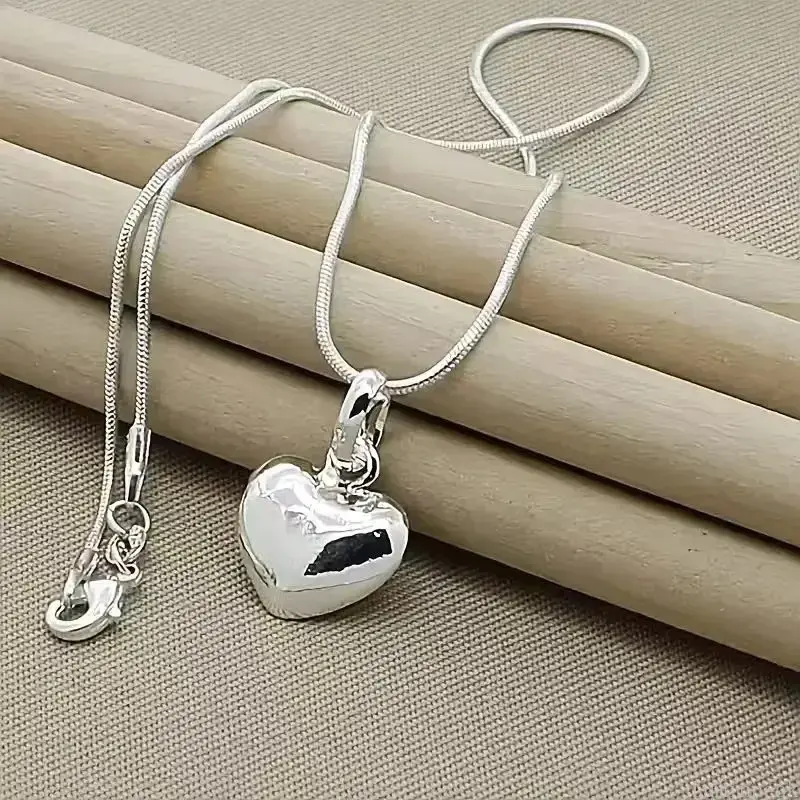 Women's S925 Sterling Silver Heart Necklace - Elegant Heart Charm, Smooth Snake Chain, Classic Fine Jewelry for Daily Wear, Wedding Gifting