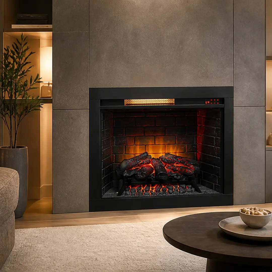 28-Inch Rectangular Infrared Electric Fireplace Insert, Removable Sheet Metal Trim Kit, Antique Black Tempered Glass, 1500W Infrared Heater, Remote Control, Vent-Free, Powder Coated Finish, Touch Panel, CSA/UL Certified for Primary Space
