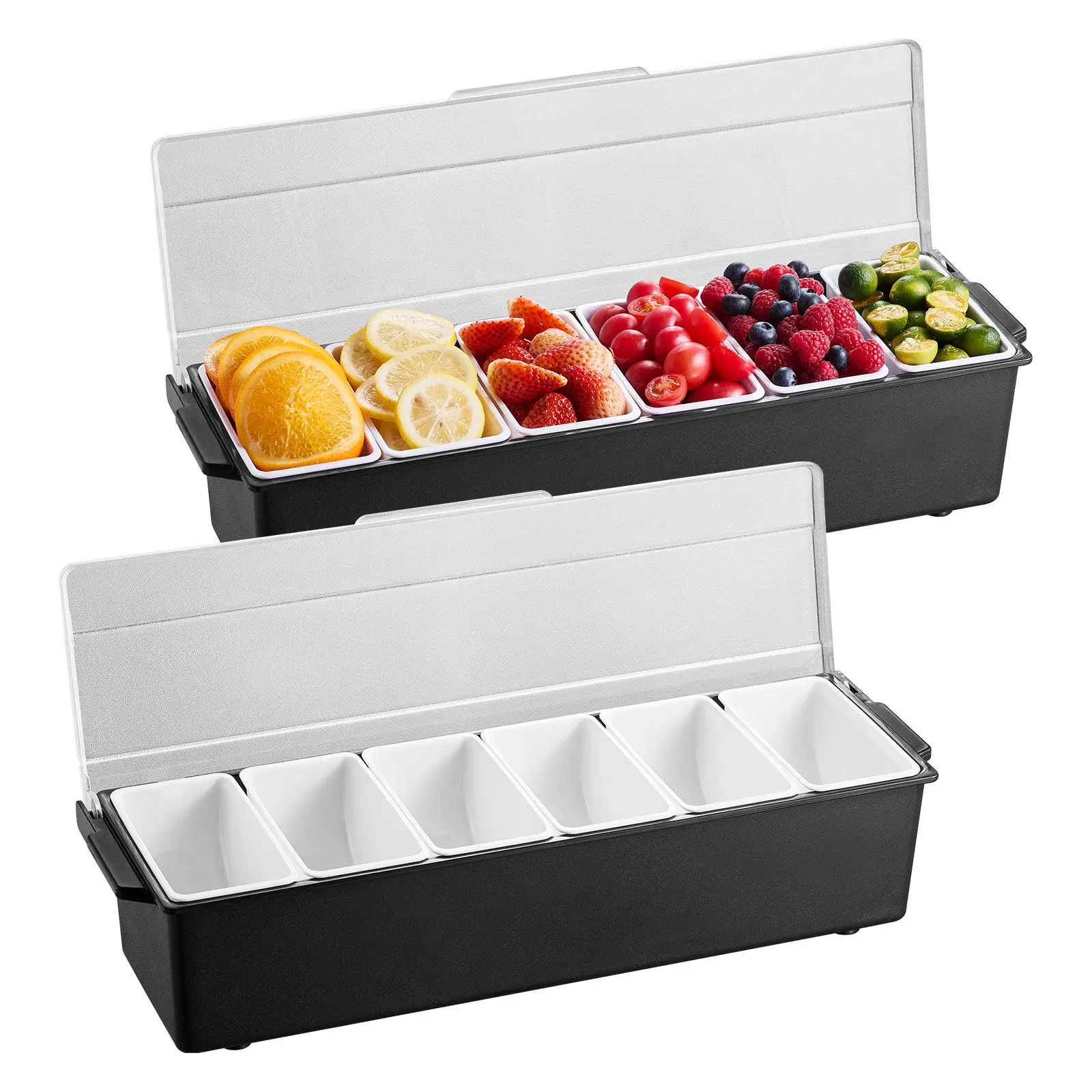 VEVOR Ice-Cooled Condiment Serving Container with Chill Function - 6-Compartment Plastic Chilled Server, Garnish Station Lid Dispenser Tray for Restaurants, Bartending & Taco Supplies