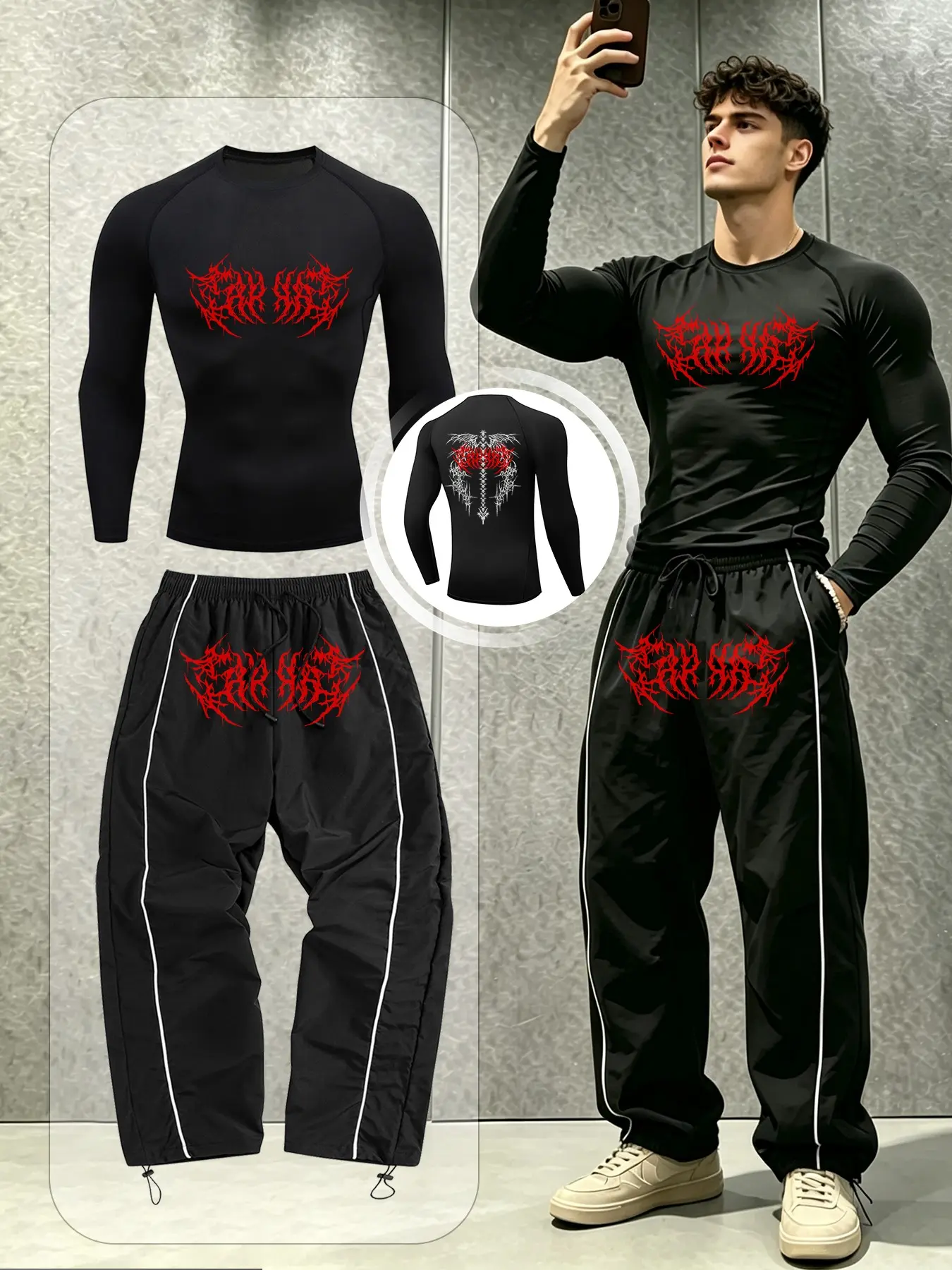 Men Dark Streetwear 2 Piece Outfit, Stretch Quick Dry Raglan Long Sleeve Top With Front & Back Red Thorn Graphic, Dual White Side Stripe Drawstring Adjustable Wide Leg Joggers, Gym Daily Casual Suit