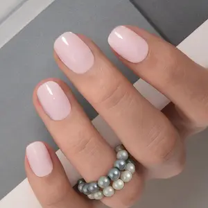 Press on Nails Milky White Short Square Acrylic Fake Nails with Apricot Design Full Cover Glossy Nude Glue on Nails Artificial for Women 30Pcs