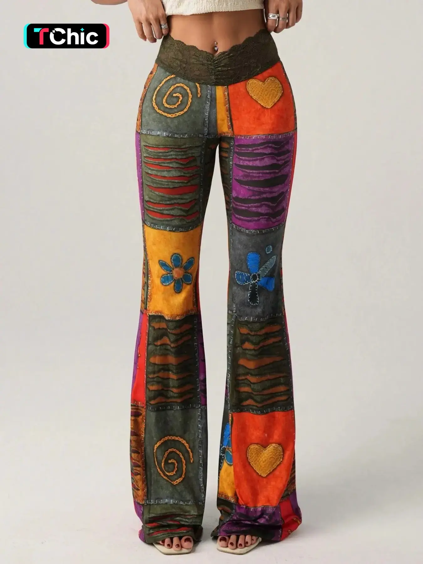 Women's Fashionable Retro Vintage Contrast Color Block Print Flare Pants