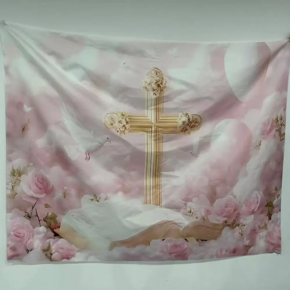 2D Flat 1pc Pink Gold Holy Cross Dove Backdrop Banner, Rose Bible Balloon Photography Background, Ideal for First Communion, Baptism, Wedding Religious Ceremony, Photo Booth Decor, Multiple Sizes Available