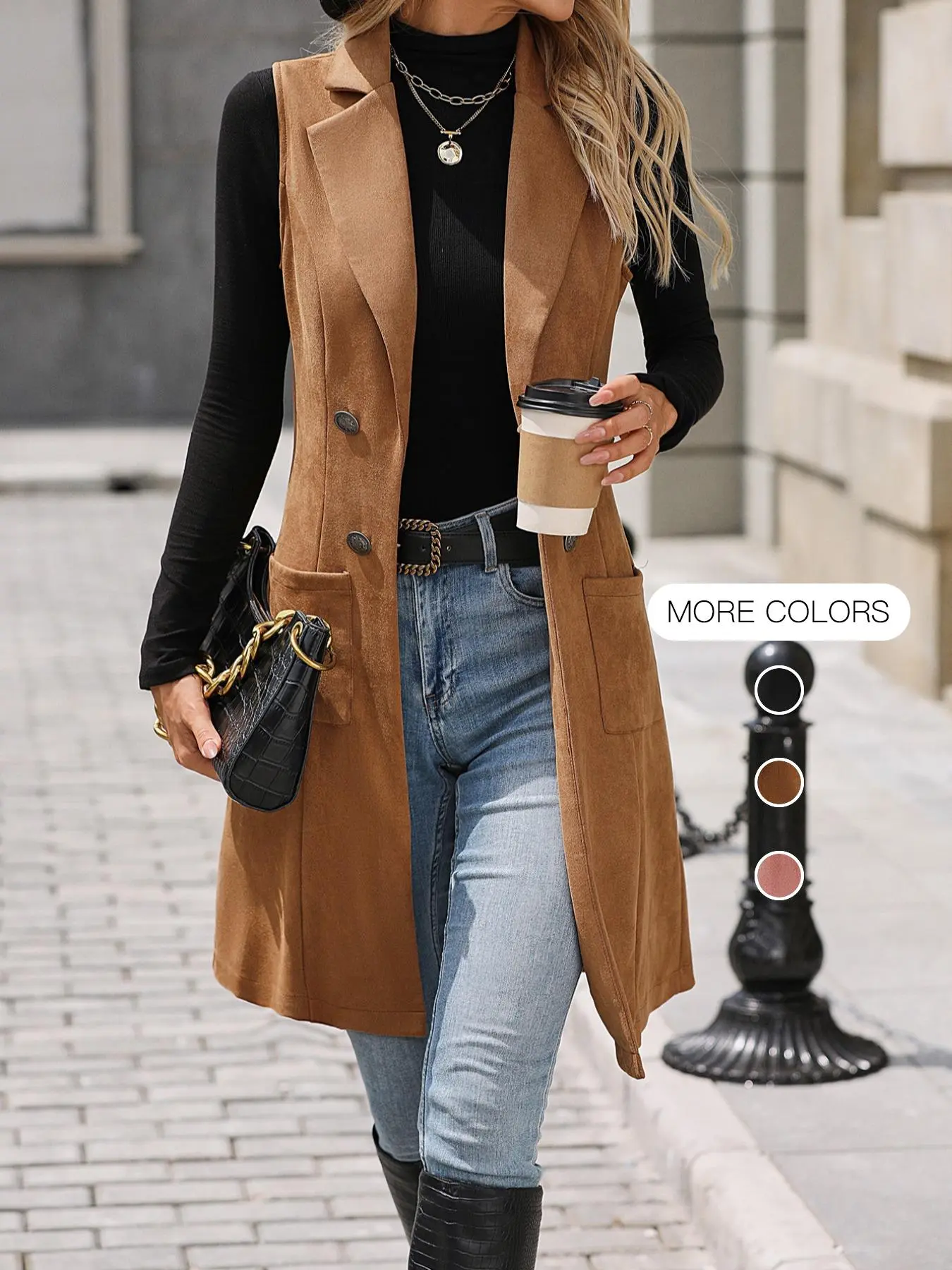 Women's Vintage Fitted Button Vest, Sleeveless Knee-Length Outerwear, Casual Everyday Spring & Fall Top, No Zipper, Unlined, Buy One Size Up