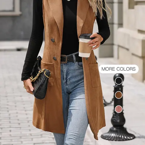 Women's Vintage Fitted Button Vest, Sleeveless Knee-Length Outerwear Fabric, Casual Everyday Spring & Fall Top, No Zipper, Unlined, Buy One Size Up
