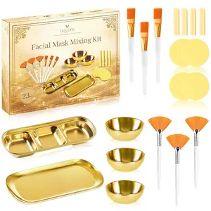23 Pcs Esthetician Supplies Kit, Include 3 Gold Stainless Steel Mixing Bowls, 3-Compartment Gold Small Serving Tray, 3 Facial Fan Brushes, 3 Face Mask Applicator Brushes, 12 Compressed Round Facial Sponges