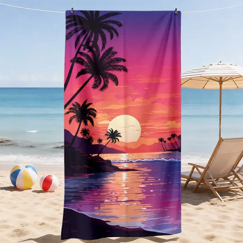 Tropical Sunset Palm Tree Beach Towel, Vibrant Island Ocean View Print, Absorbent and Sand Resistant, Soft and Lightweight, Ideal for Beach, Pool, Travel and Vacation, Beach Lover Gift
