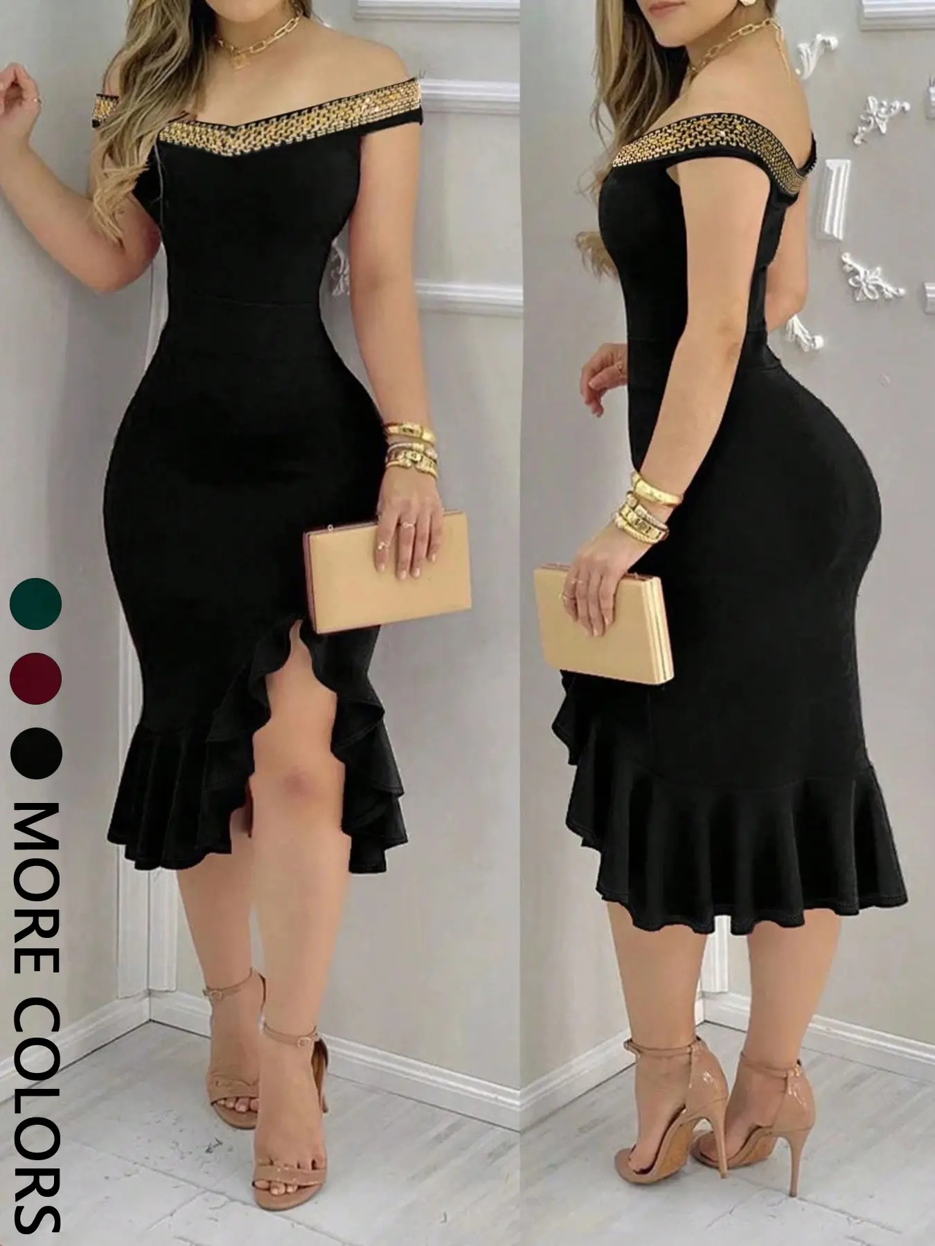 1 Piece Off-the-shoulder Strap Bodycon Midi Dress for Women, Decorative Neck Ruffled Hem, Elegant Feminine Style