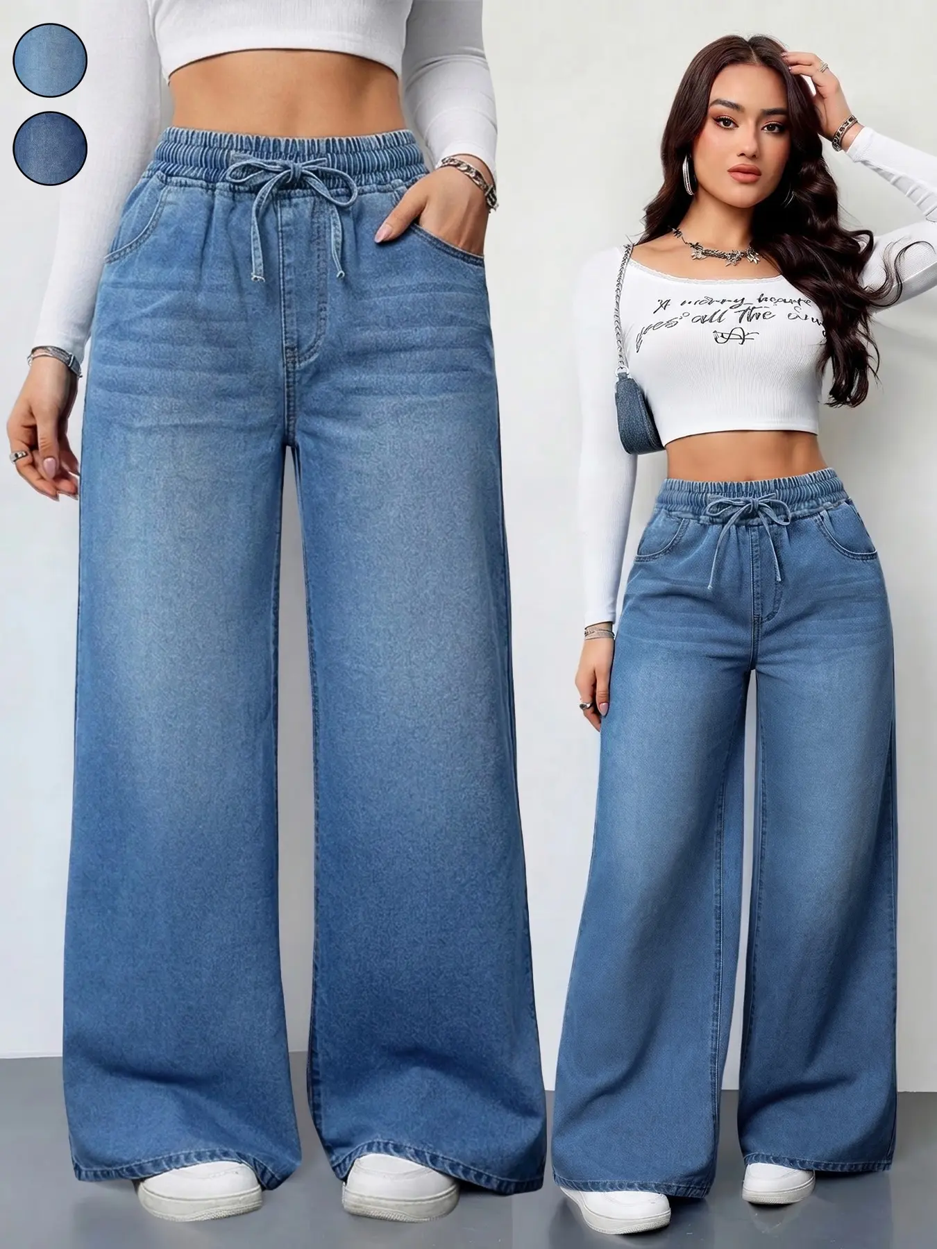 Women's Casual Elastic Waist Jeans With Pockets , Loose Fit Baggy Wide Leg Pants, Versatile Basic Denim, Comfortable and Stylish, Perfect for Everyday Wear