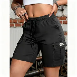 Men's Basic Utility Cargo Knee-Length Shorts, Summer Airy Lightweight Breathable Material, Drawstring Elastic Waist for Flexible Fit, Large Multi-Side Cargo Pockets for Storage, Classic Solid Black Relaxed Cut, Ideal for Office Commute, Outdoor Activities