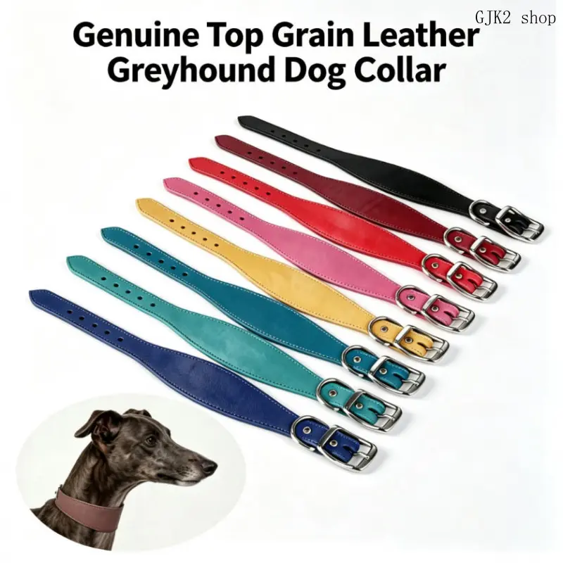 Genuine Top Grain Leather Dog Collar, Wide Soft Collar for Greyhound Whippet Dogs, Adjustable Pet Collar