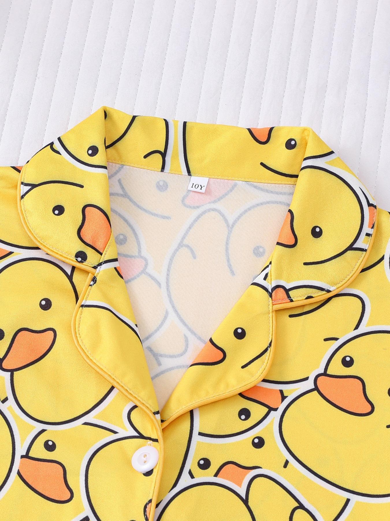 Girl's Cartoon Duck Print Top & Elastic Waist Shorts Pyjama Two-piece Set, Cute Comfy Short Sleeve Top & Shorts Pajamas Set, Kids Sleepwear for All Seasons, Pajama Set, Pajamas Loungewear
