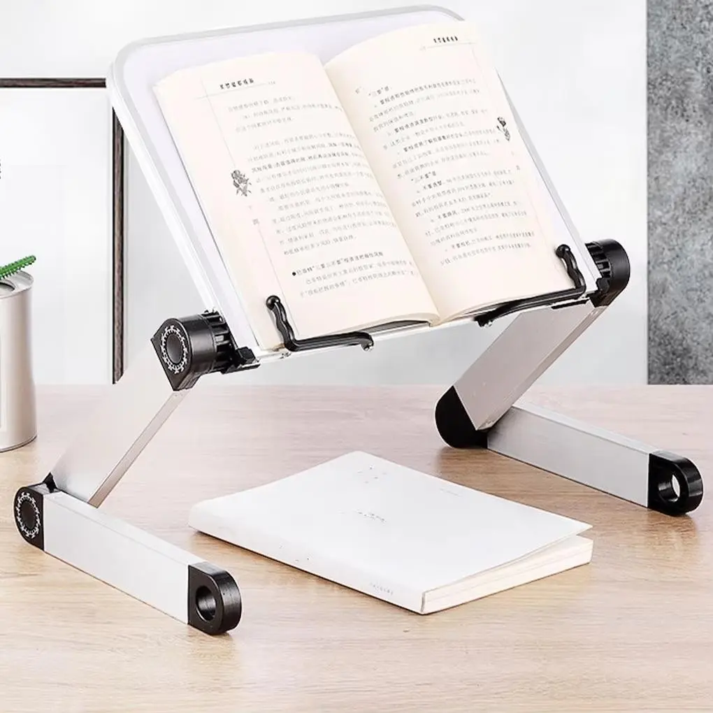 Adjustable Book Stand for Reading, Lightweight Aluminum Book Holder with 2 Page Clips, Hands-Free Cookbook Stand, Foldable Tablet & Laptop Stand for Desk, Portable Reading Stand for Home Office