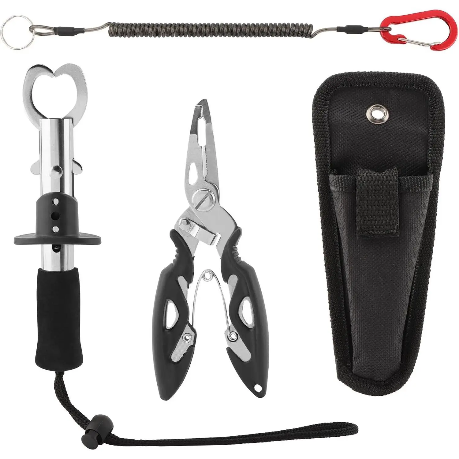 Fishing Gear Set, Fishing Pliers Set, Heavy-Duty 15kg Max Grip, Non-Slip Sponge Handle, 100cm Retractable Lanyard, Includes Fish Gripper, Line , Carry Bag