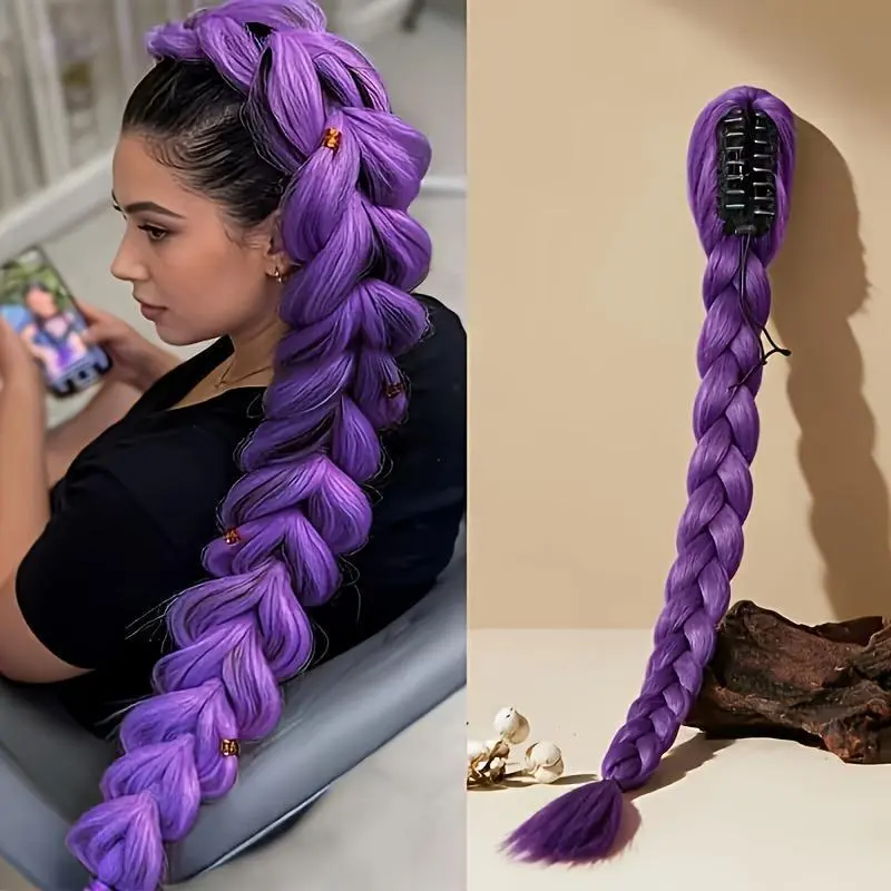 Rosmontis Purple Y2K Pigtail Hair Extensions, Laser Wire Clip-On Braids, Yaki Straight Synthetic Hair Ponytail for Cosplay, Carnival, Themed Party & Daily Wear