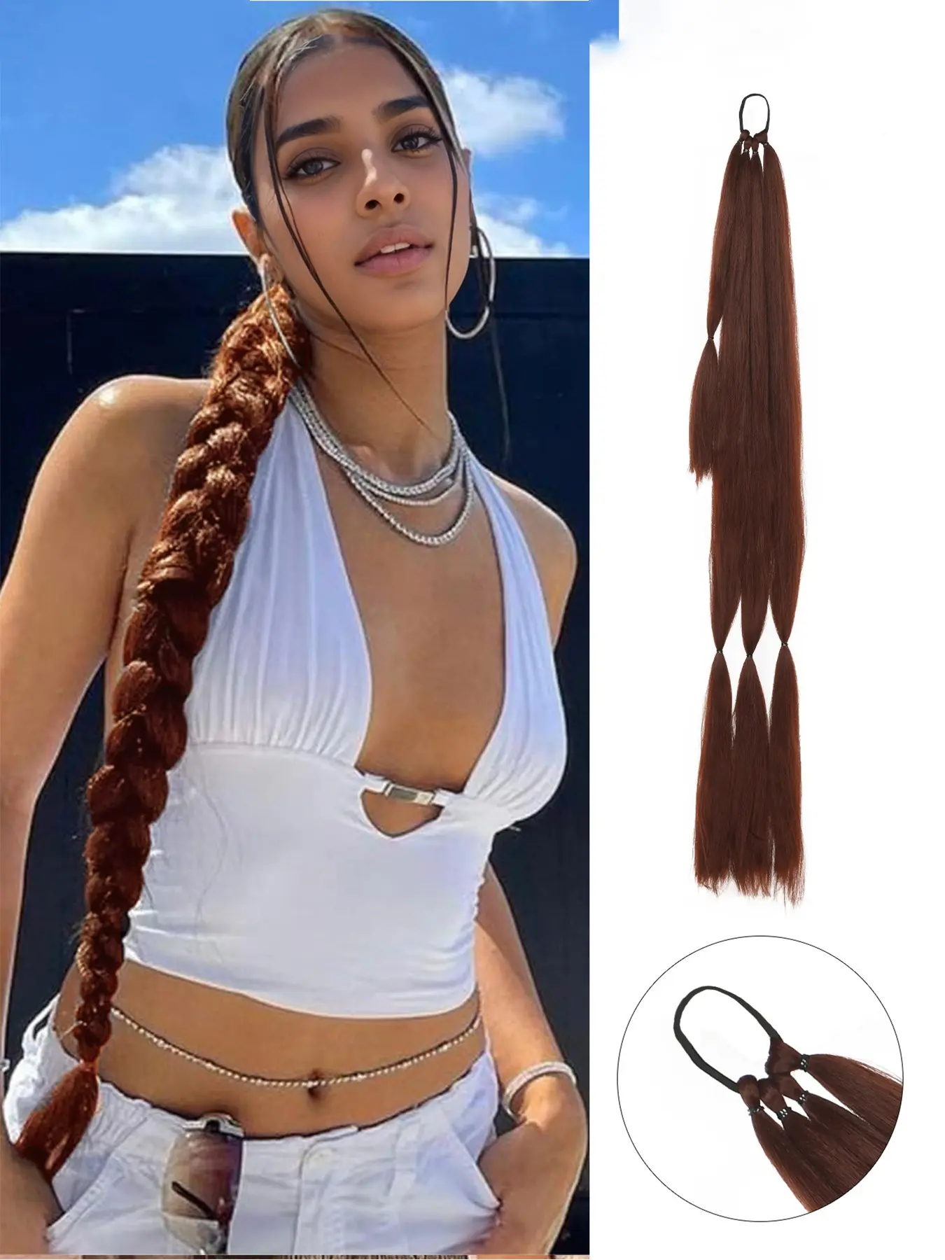 26-inch long braided ponytail extension with an elastic hair tie; made of heat-resistant synthetic fiber; suitable for styling and braiding; available in various colors including brown, pink, and red; perfect for daily wear, weddings, parties, festivals