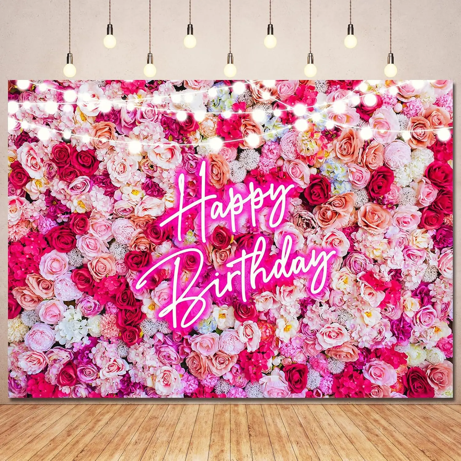 Flower Happy Birthday Banner Backdrop Decorations for Women Girls  Neon Birthday Sign Backdrops Banners Red Rose Floral Photography Background Bday Party Decor Photo Booth Props 5x3ft