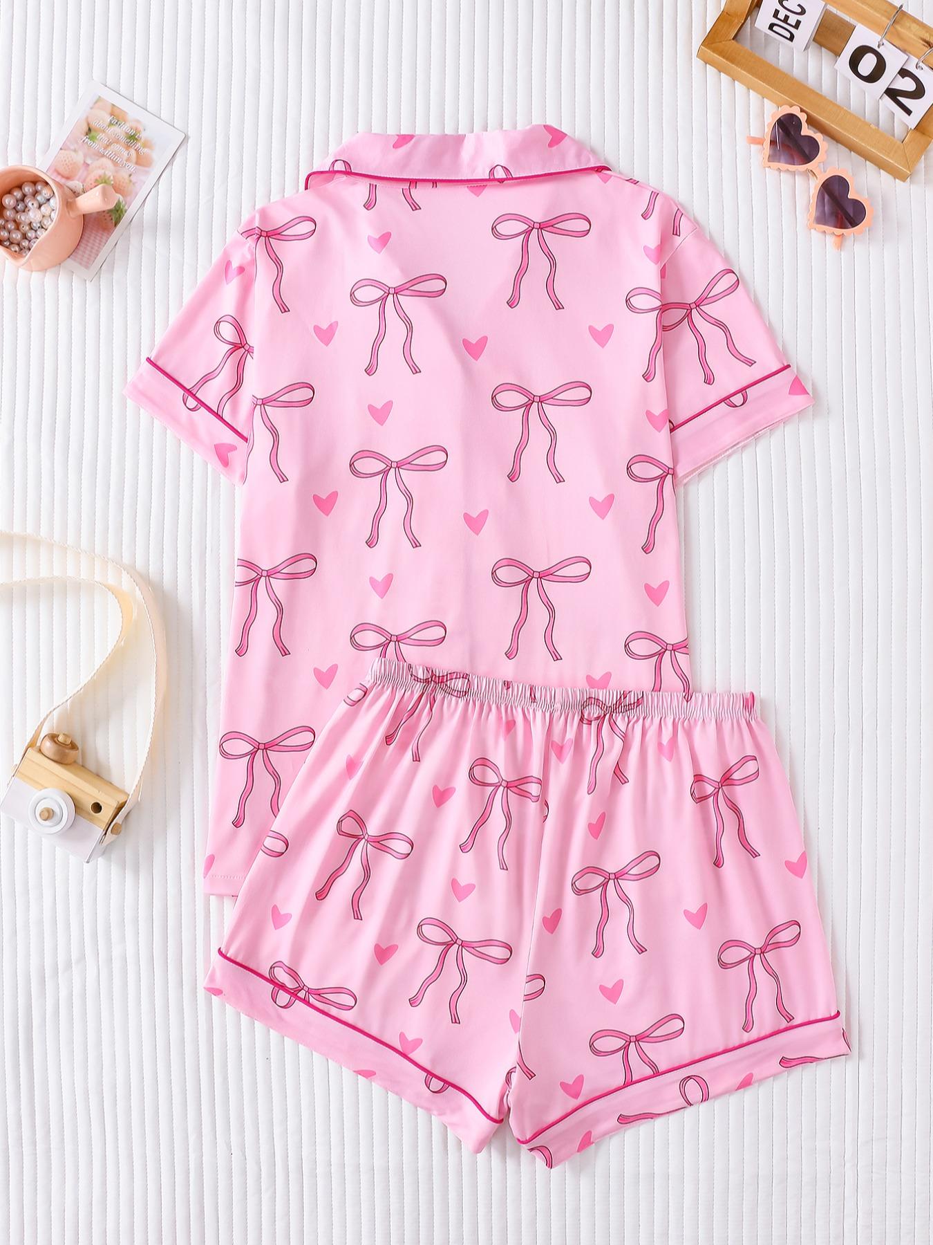 Women's Bow Print Short Sleeve Tee & Shorts Pyjama Set, Elegant Comfy Button Up Top & Elastic Waist Shorts Set, Ladies Sleepwear for All Seasons, Loungewear, Matching Pj Set, Womenswear, Pajama Set, Casual Comfy Pajama, Summer Sleepwear