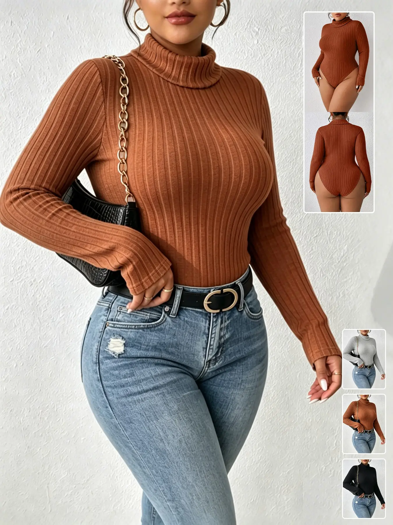 Plus Size Turtleneck Ribbed Long Sleeve Bodysuit, Stretchy Fitted Knit Basic Top, Multiple Colors Available, Curvy-Hugging & Figure Flattering, Perfect for Fall Winter Layering, Jeans Matching, Office Outfits, Daily Streetwear, Date Looks