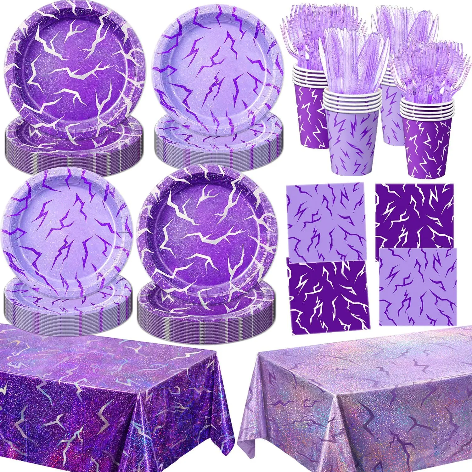122 PCS Food-Grade Pop Music Party Decorations Set - Plates, Napkins, Cups, Knives, Forks, Holographic Tablecloths for Fans' Happy Birthday, Lightning Fan Event Use, Serves 20