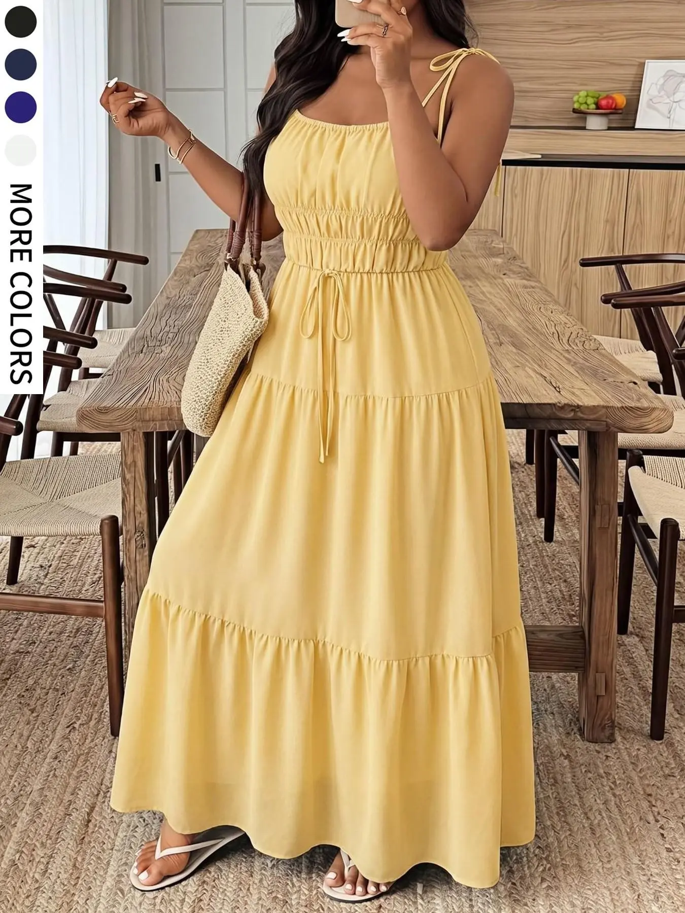 Boho Casual Long Tiered Ruffled Dress with Bows, Elegant, Romantic and Feminine, Perfect for Summer Parties