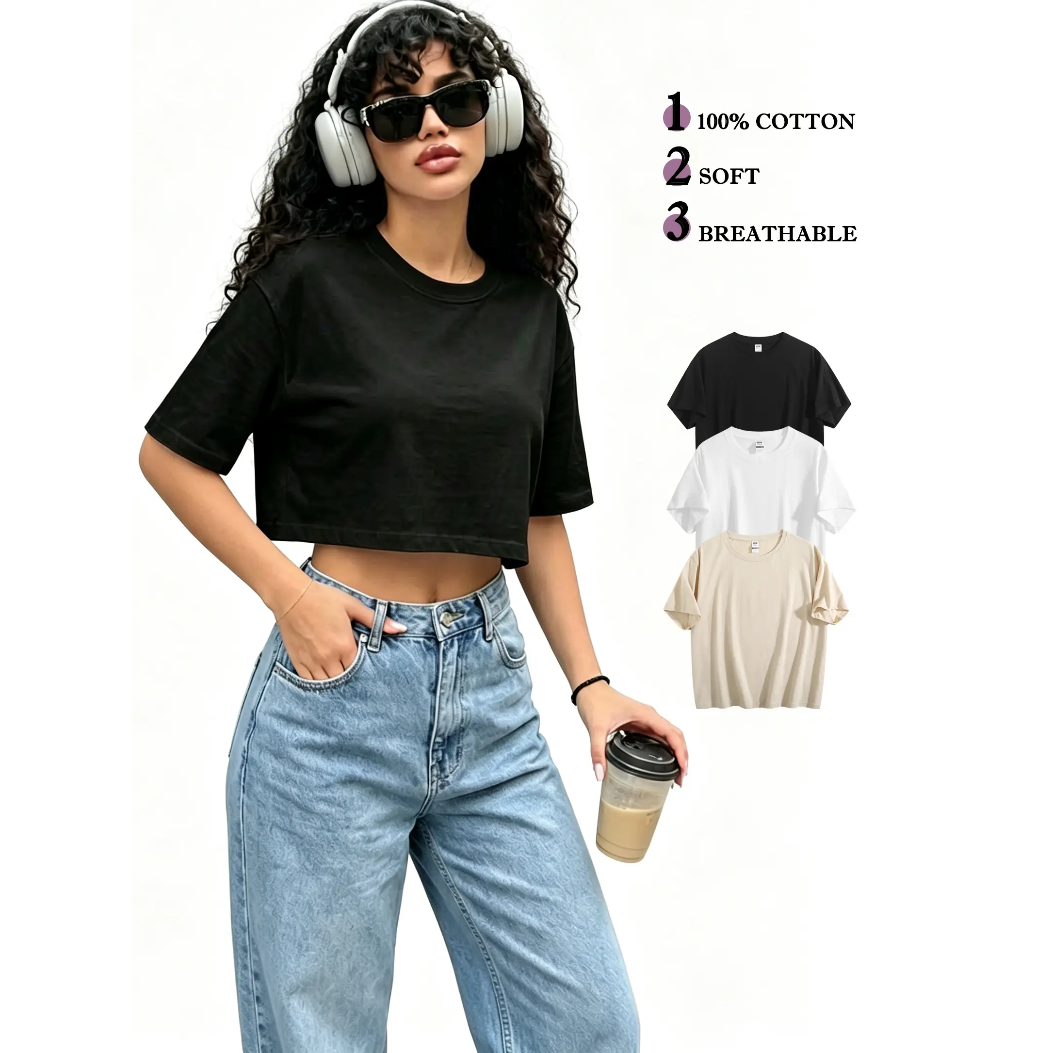 ECHOSTUDIAO 3 Pack Cool Breathable Heavyweight Crop Top Women Casual Soft Stiff Shaping Cropped T-Shirt Set Crewneck Basic Blank Tee Multi Color Bundle Deal