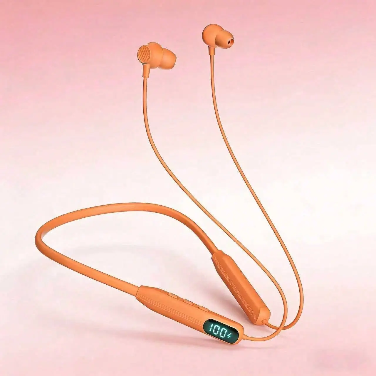 Popular Orange Neck‑Hang Sport Bluetooth Earbuds, Wireless Neckband Headphones with Digital Battery Indicator, Sweat‑Resistant Noise Reduction Stereo Bass, Ergonomic Ear Tips, HD Mic Hands‑Free Calling, Long Battery for Gym Cycling Hiking Office, Compatib
