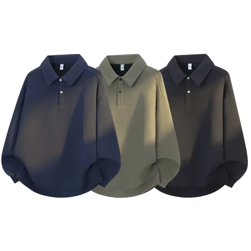 Men's Oversized Fleece Polo Sweatshirt - Longsleeves, Drop Shoulder, Lapel Collar, Button-Up, Heavyweight Thermal Polyester Blend, Plain Solid, Loose Fit, Comfy Warm, Minimalist Streetwear Menswear Casual Tops (3 Colors), Apparel